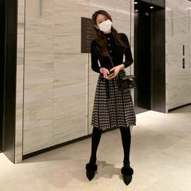 女神范气质针织连衣裙2024秋冬韩版系带收腰拼色千鸟格大摆毛衣裙