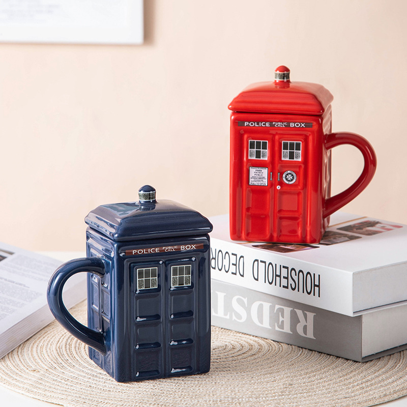 Creative Retro British Warning Cup Ceramic Cup Telephone Booth Ceramic Cup with Lid Novelty Mug Coffee Cup