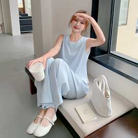蓝色无袖背心阔腿裤两件套女2026夏季新款休闲高级感显瘦气质套装
