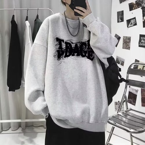 Smoke Brand Letter Hoodie for Men - Autumn Thin Crew Neck T-shirt with Loose Trendy Plus Size Casual Versatile Outerwear