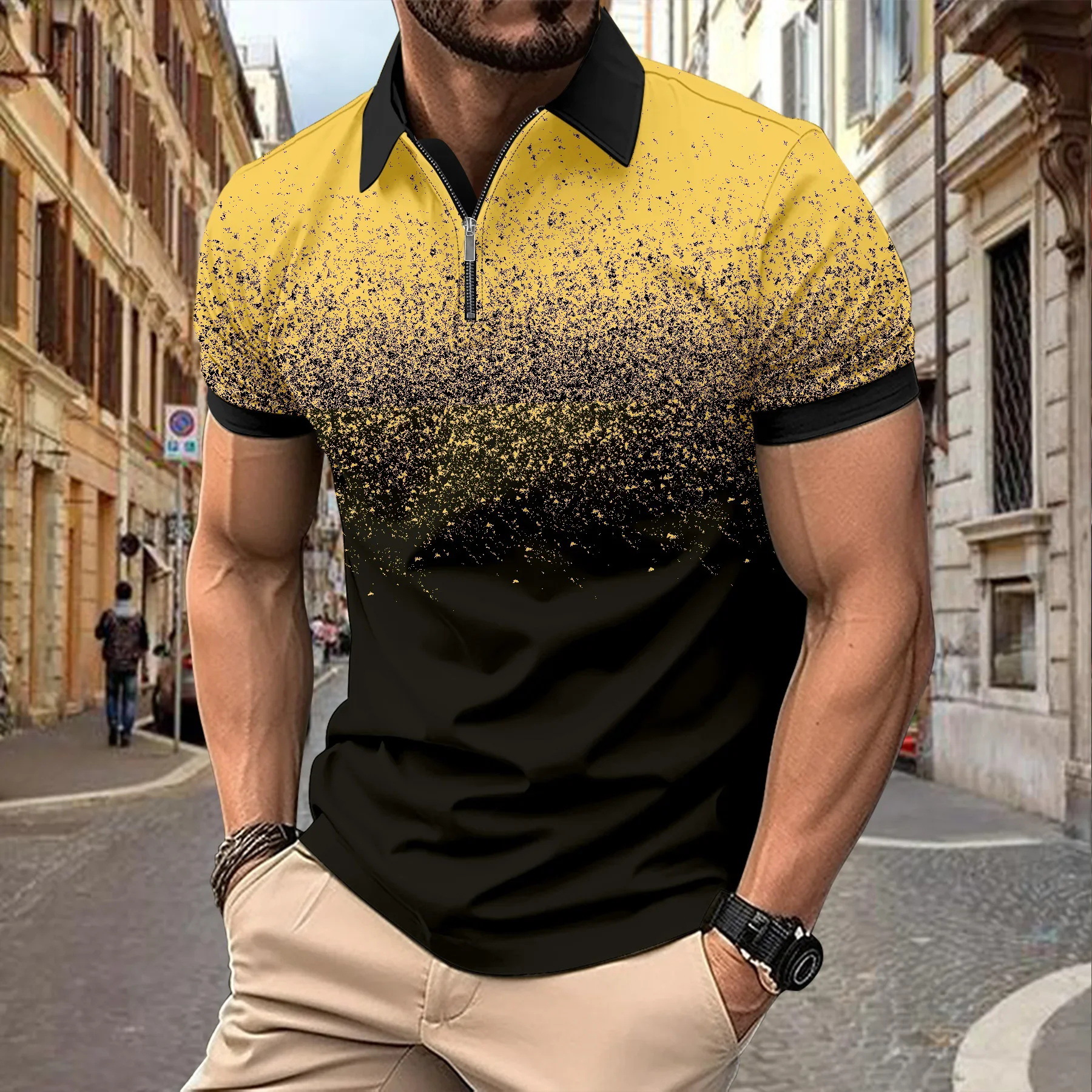 Venta caliente transfronteriza nueva impresión de degradado 3D de verano de gran tamaño casual para hombre suelto código europeo cremallera polo manga corta