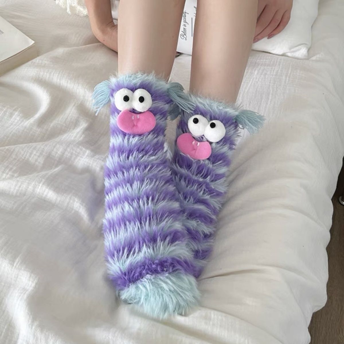 秋冬卡通立体搞怪百搭袜子冬珊瑚绒睡眠袜子丑萌可爱小怪兽袜子女