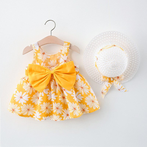 Summer  New Small Chrysanthemum Big Bow Grass Hat Dress for Girls and Baby Girls, Full of Small Chrysanthemum Dress for Girls