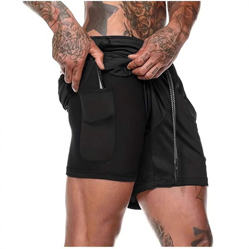 2025 New Foreign Trade Cross-Border Double-Layer Solid Color Shorts Men's Fitness Sports Training Quick-Drying Two-In-One Jogging Pants