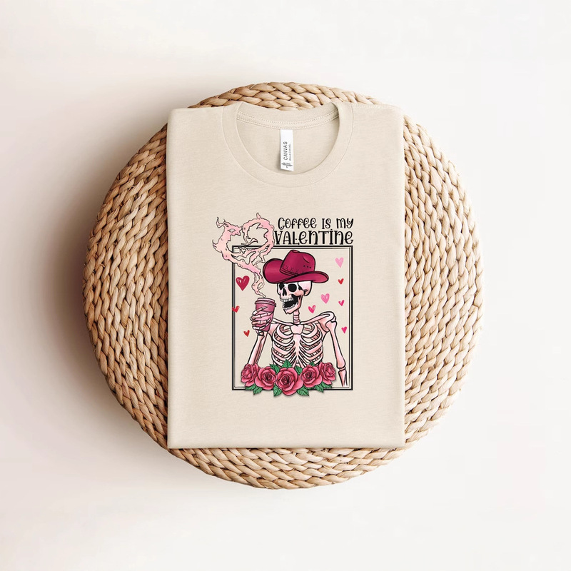 "Coffee Is My Lover" Skull Valentine's Day T-Shirt European and American Temu Cross-Border Fun Printed Cotton T-Shirt for Women