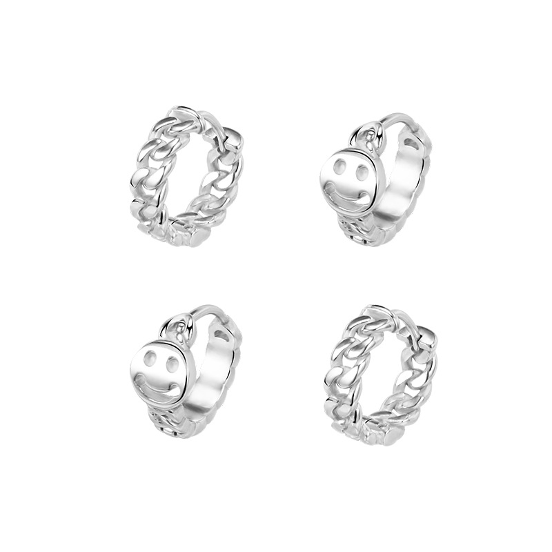 2021 Korean Style Smiley Face Hollow Out Stainless Steel Earrings for Men and Women Geometric Silver Earrings detail image 7
