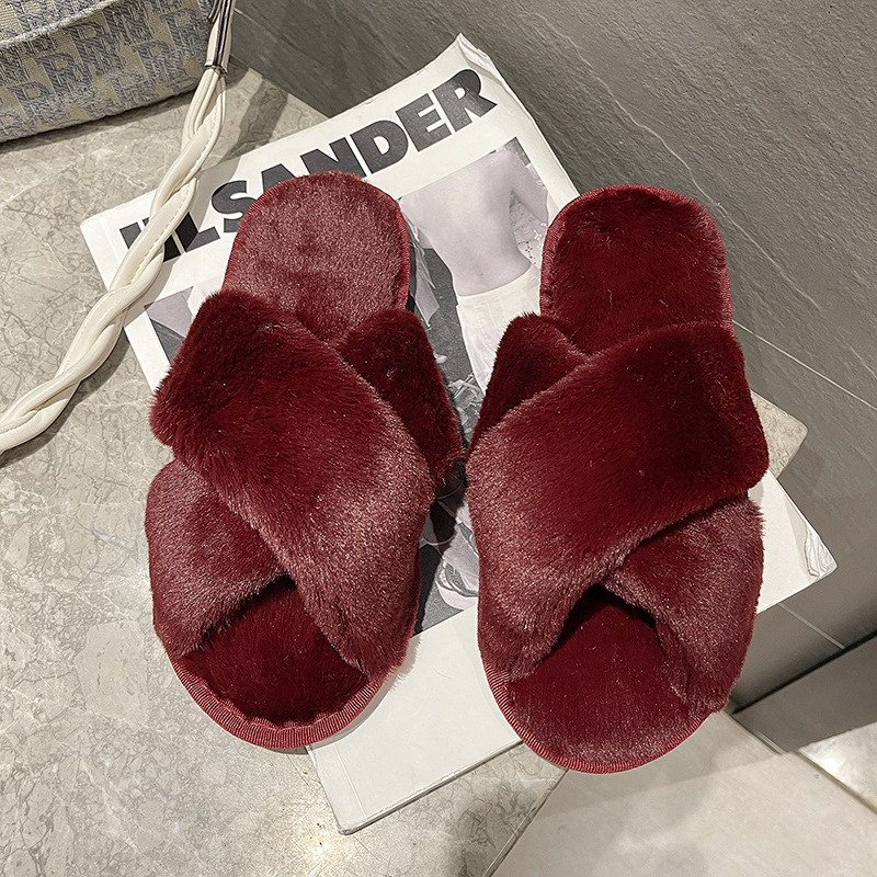 Pantuflas de lana cruzada de estilo explosivo transfronterizo para mujeres en otoño e invierno