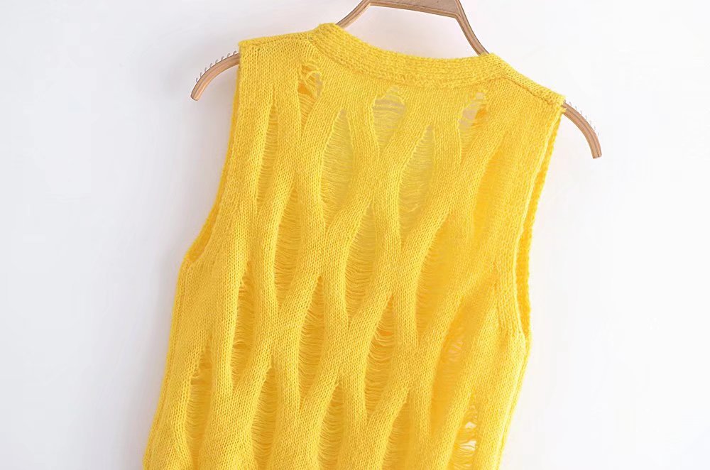 Yellow Ripped Knitted Vest NSXFL103686