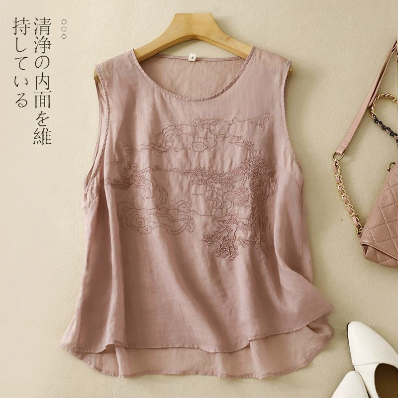 Элегантный и шикарный однотонный женский топ из хлопка и льна с вышивкой, новый летний универсальный удобный свободный топ с круглым вырезом
