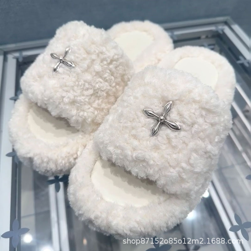 Sfk White Velvet Furry Slippers for Women, Cross-Patterned Plush Outdoor Thick-Soled Slip-Ons Sfk White Velvet Furry Slippers for Women, Cross-Patterned Plush Outdoor Thick-Soled Slip-Ons