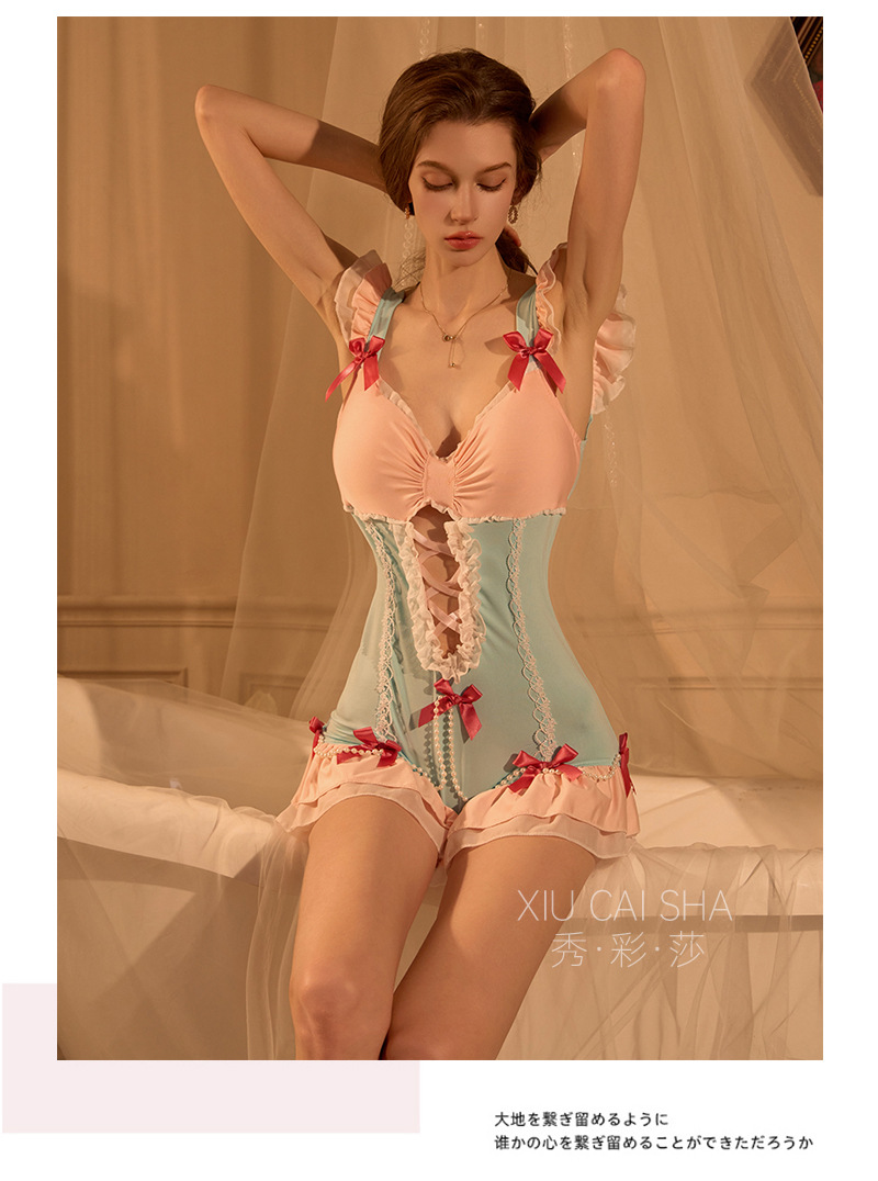 Maid Roleplay Bodysuit Costume, Navy Polyester One-size Lingerie Set — detail image 9