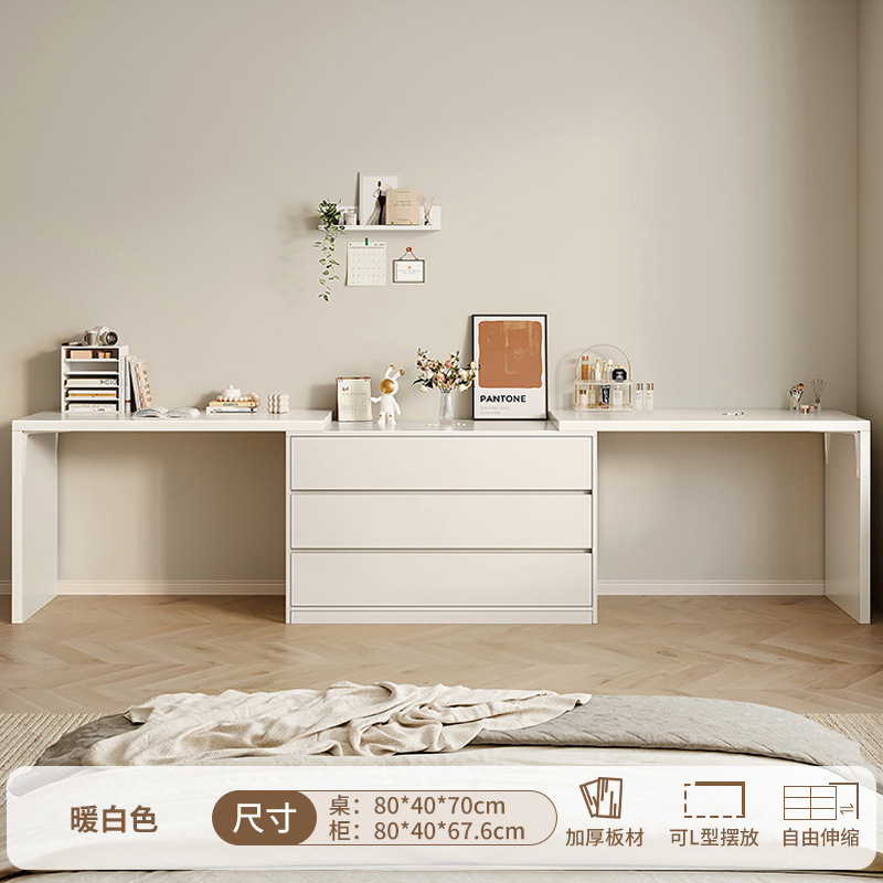 [서랍장3단+더블테이블] 80CM 웜화이트