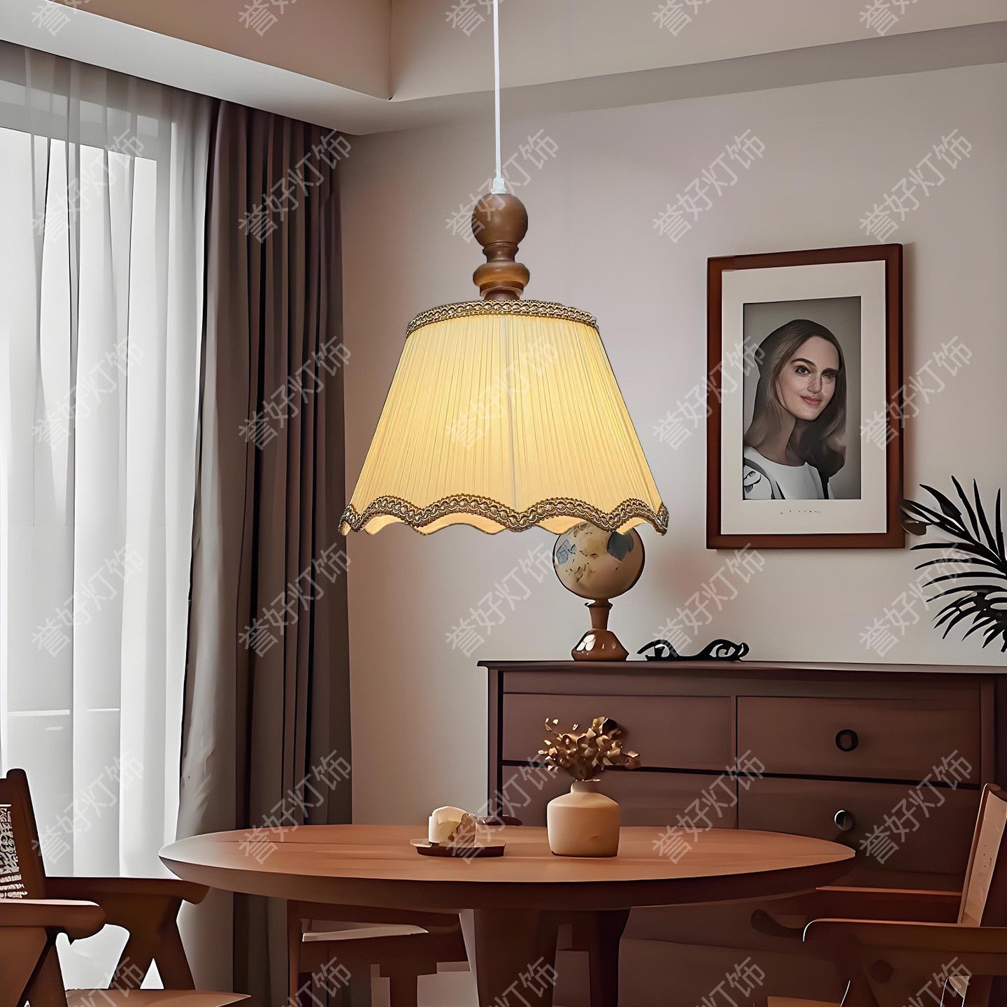 设计师法式奶油风文艺术复古中古风布艺主卧室家用吊灯具餐厅灯罩