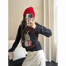 【100.绵羊毛】GA字母兔子提花长袖圆领针织衫女春季休闲百搭毛衣