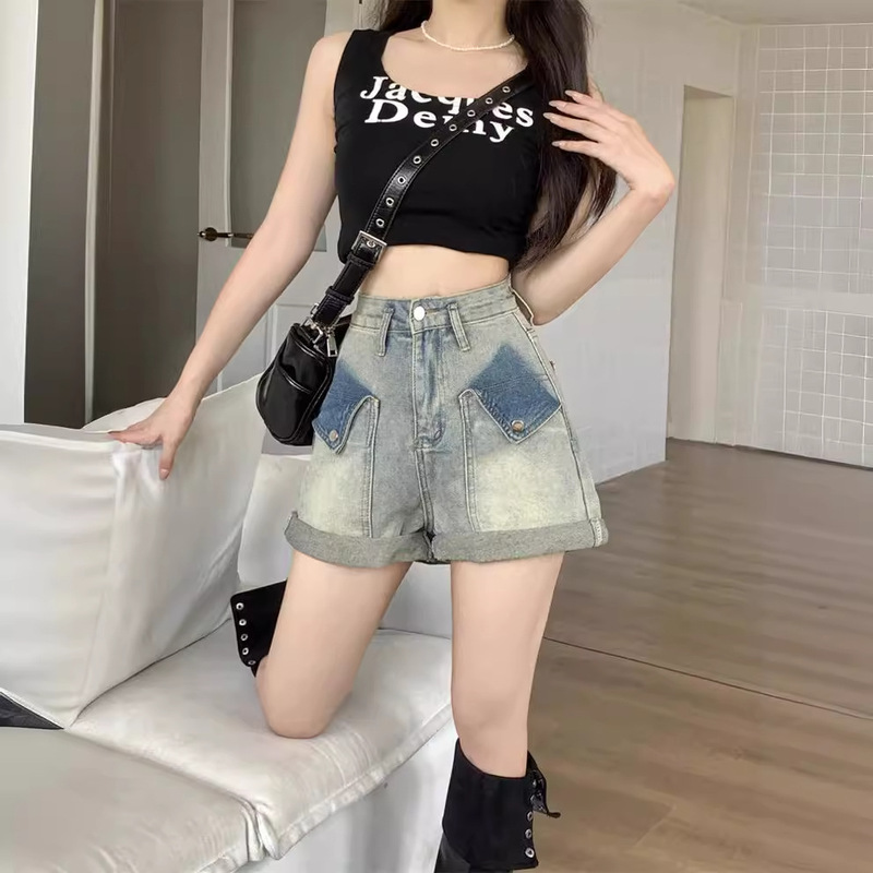 American Style Hot Girl Curled Denim Shorts Summer New Style Small High Waist Design Retro Slimming Wide Leg Trendy Pants