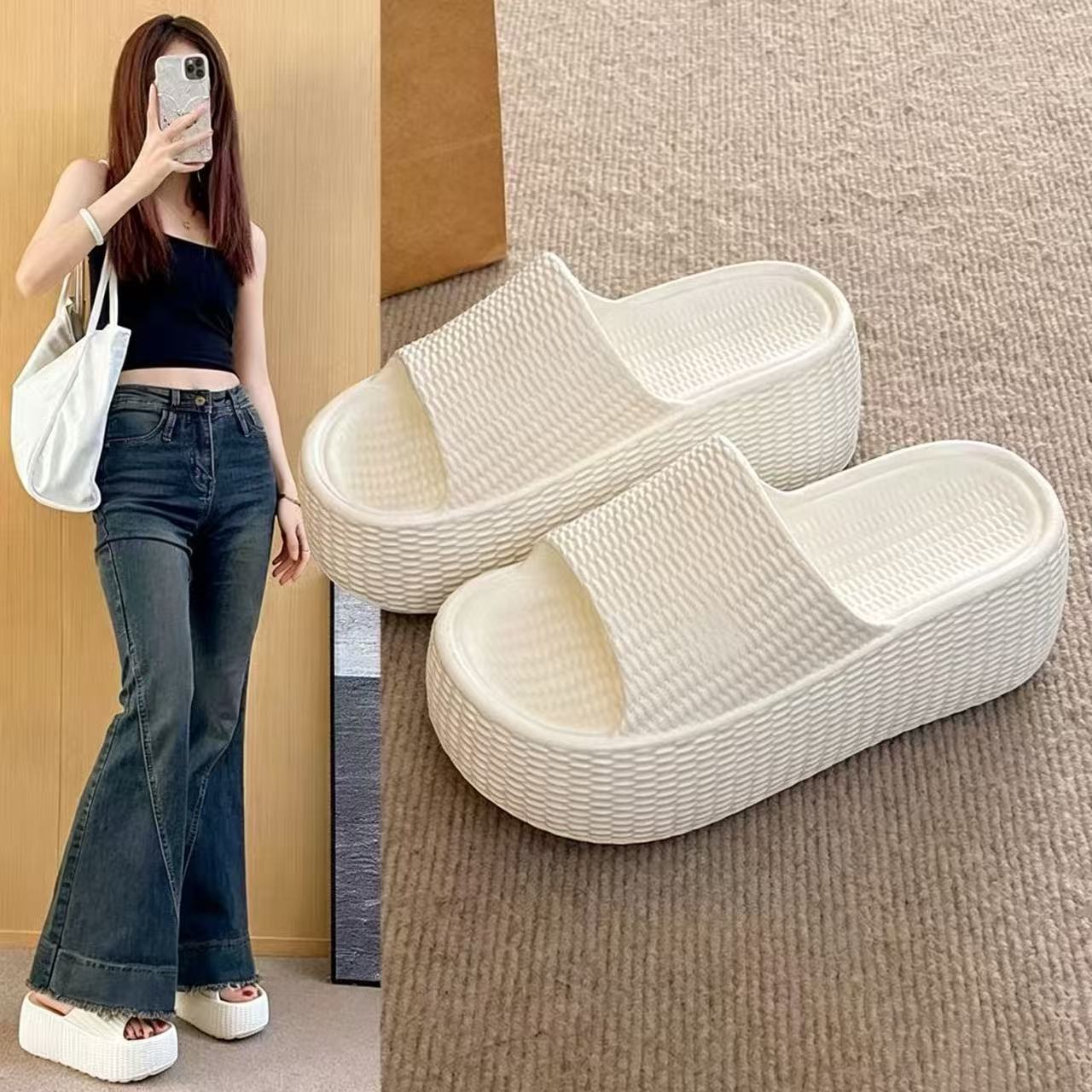 Summer Thick-Soled Height-Increasing Slippers for Women, Non-Slip and Wear-Resistant Eva Slide Sandals, Trendy Outdoor Beach Shoes, Wholesale Available