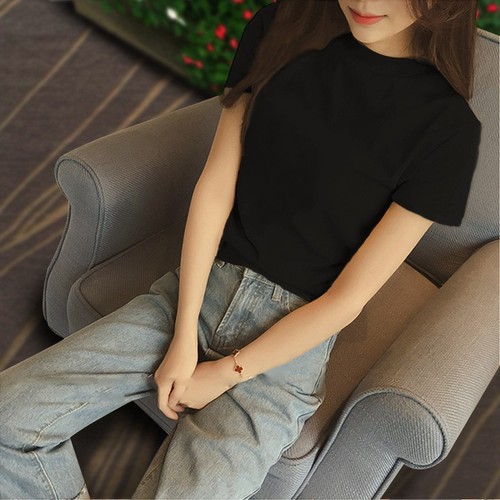 Women's Short Sleeve High-Neck White T-shirt, Bodycon Stretch Top, Summer High-Neck Tight Fitting Thin Base Layer Shirt