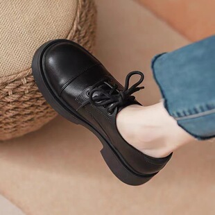 New Spring and Autumn Black Soft Leather Lefu Single Shoes Thick Sole British Style JK Lace-up Small Leather Shoes Women's Flat Sole