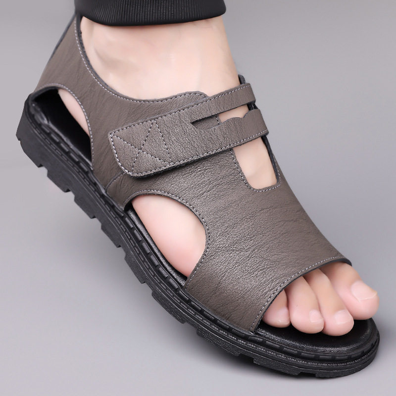 Dép sandal nam quai ngang kiểu La Mã, da mềm chống trượt, quai dán, đi ngoài trời mùa hè — Màu nâu, màu xám, màu đen