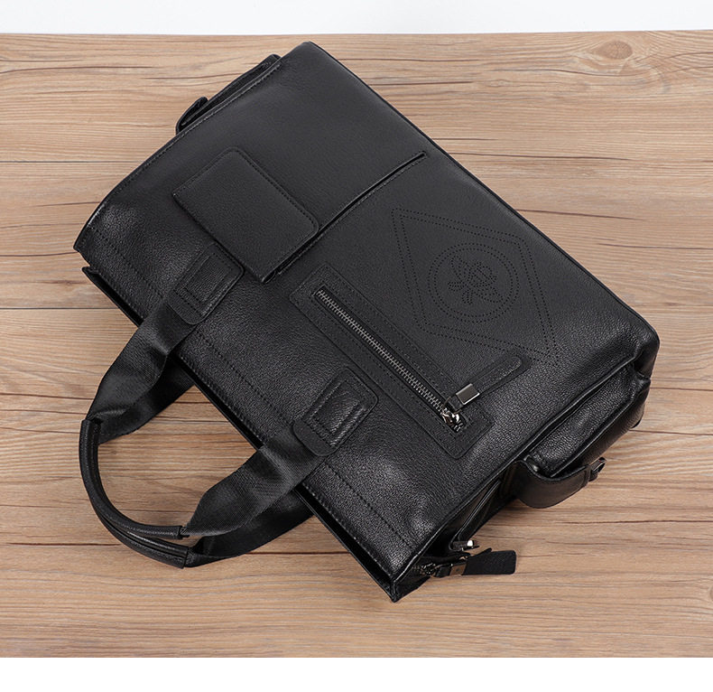 Túi xách tay nam da bò thật dung tích lớn 40×13×29 cm, đựng tài liệu và laptop 15,6 inch — Dây kéo dọc da bò màu đen, Dây kéo ngang da bò màu đen, Da cừu lớp đầu màu đen chi tiết 12