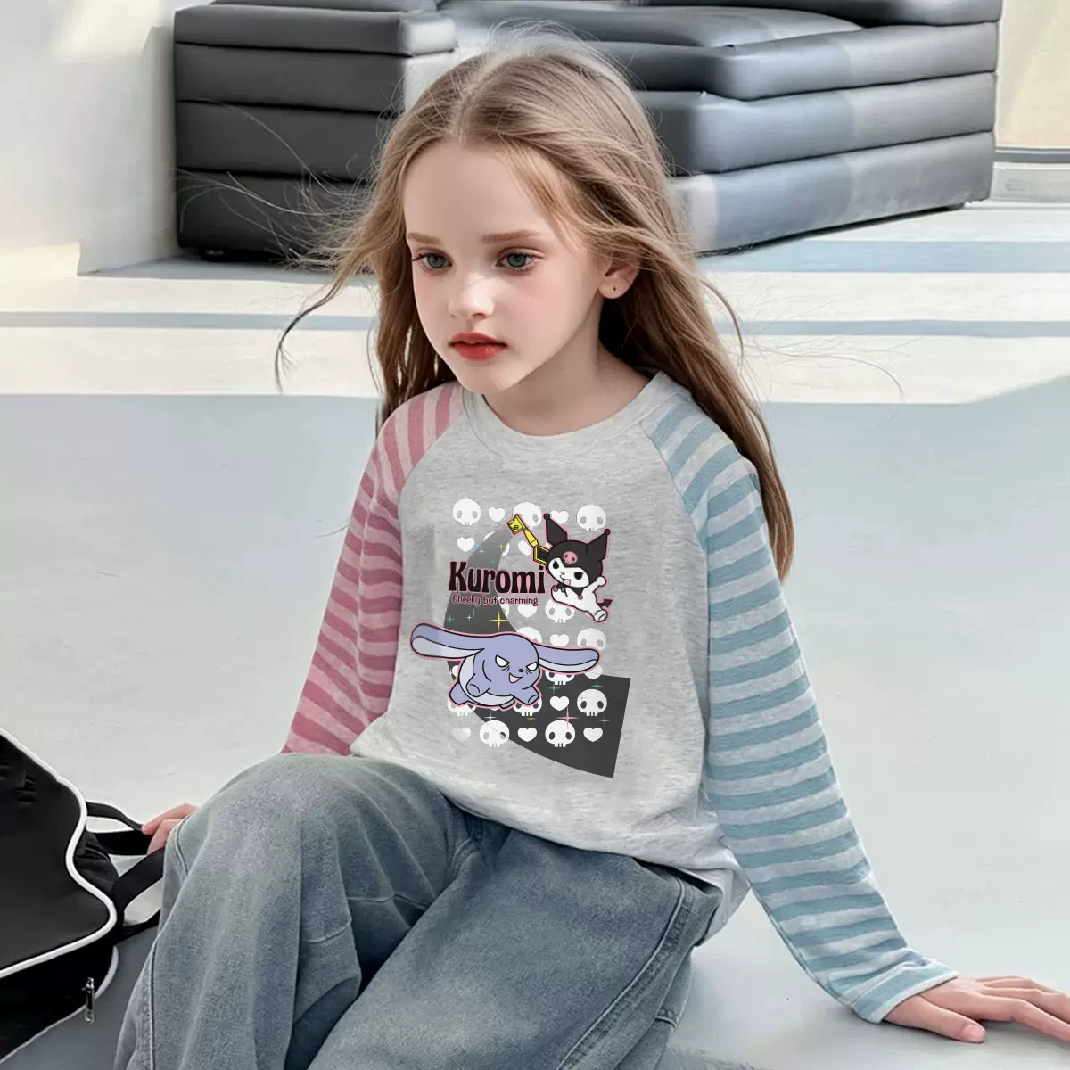 【酷洛米联名款】女友秋季彩色条纹袖拼T恤2025新款中大童装批发