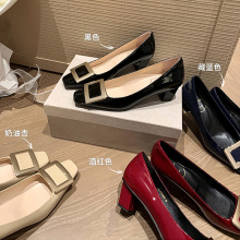牛皮版~苏茵茵同款方扣单鞋女方头粗跟婚鞋浅口职场通勤ol高跟鞋