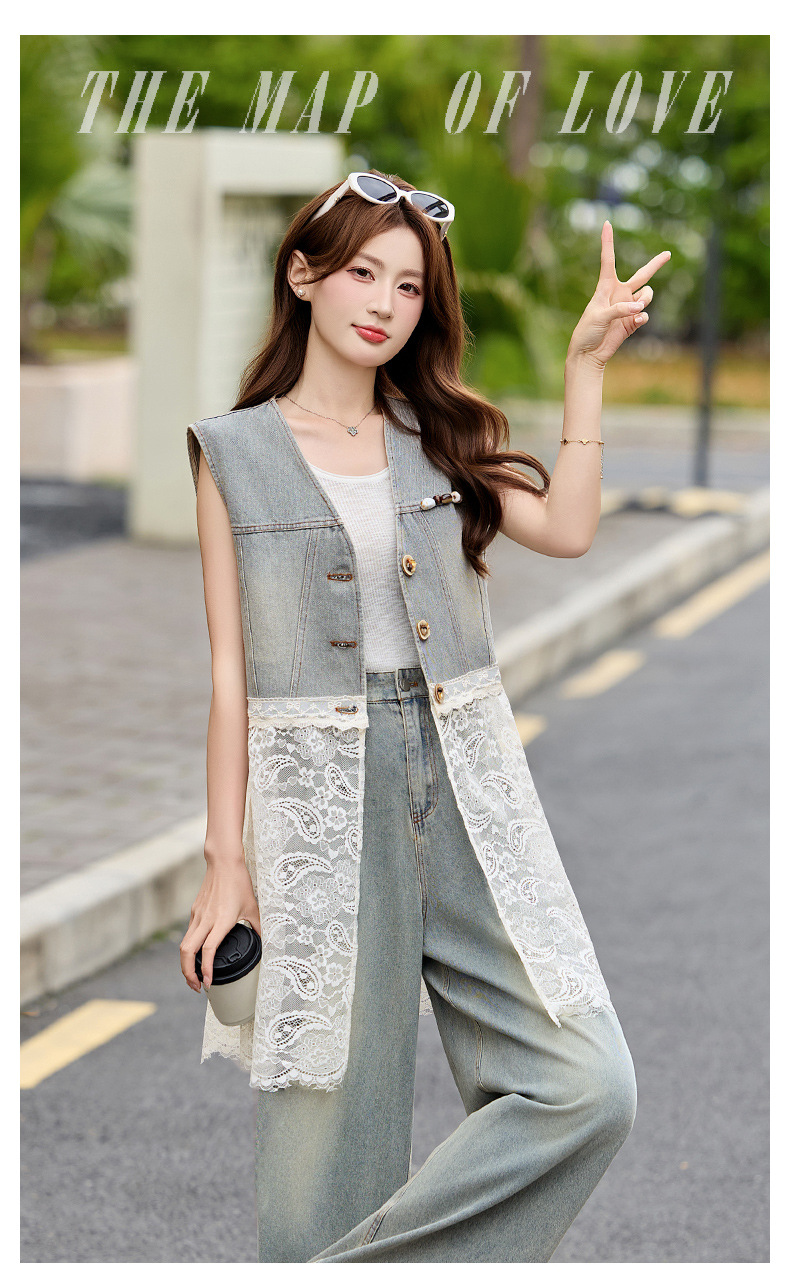 Bộ quần áo denim nữ gồm áo vest không tay và quần ống rộng AH8620 — Màu ảnh chi tiết 3