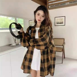 秋季新款大码胖mm美式复古磨毛格子衬衫上衣慵懒风宽松衬衣外套女