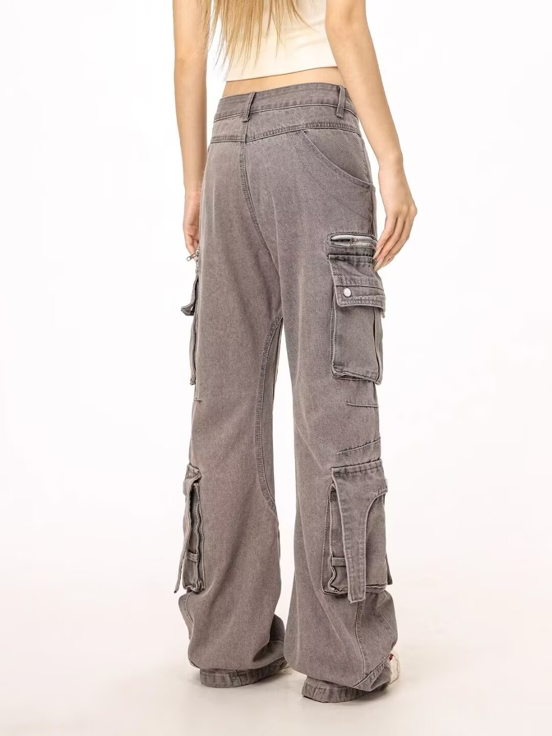 Herrenbekleidung High Street Streetwear Heavy Duty Cargo Jeans mit mehreren Taschen und Reißverschlussdesign – Stylische lässige Arbeitshose in Grau (Größen M-3XL)_voghion.com