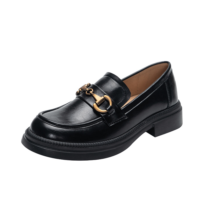 Primavera nuevo estilo británico retro hebilla de metal Lefu zapatos de cuero de punta redonda boca baja zapatos de cuero negro C99-1 femenino