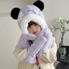 2025秋冬小熊帽子围巾手套一体网红女保暖仿兔毛加绒加厚套