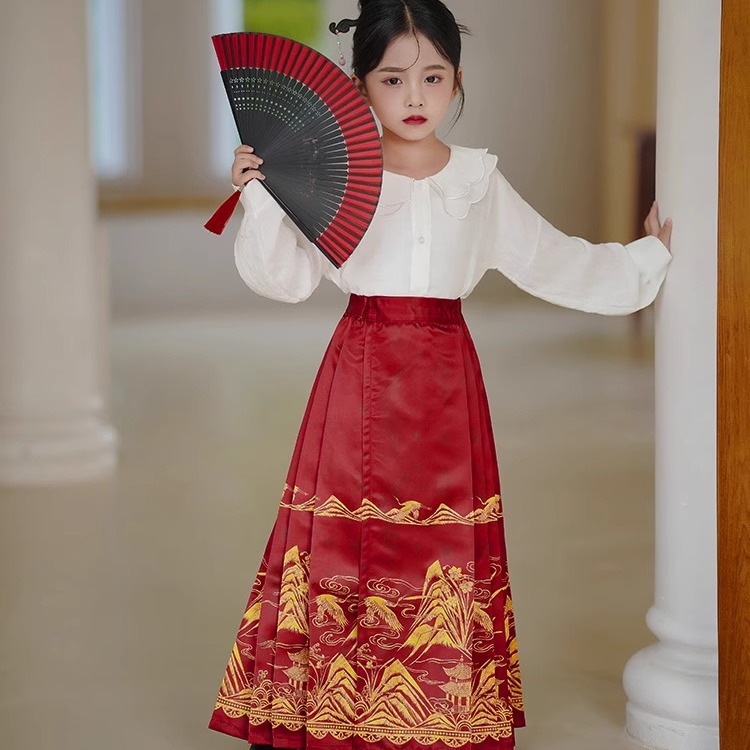 新中式女童红色马面裙秋冬日常半身裙明制汉服高腰中国风改良套装