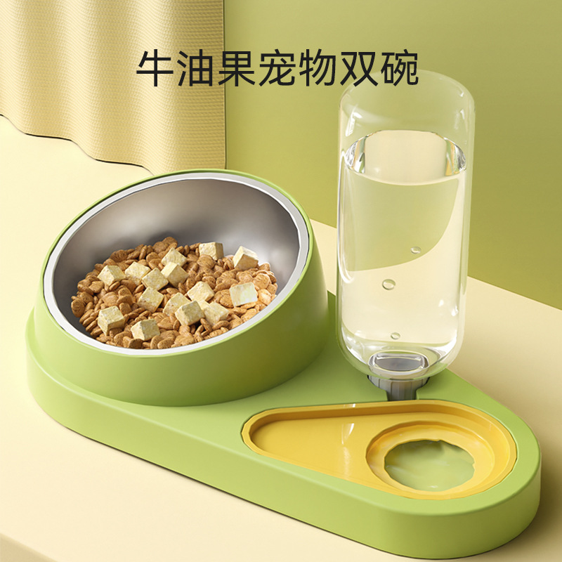 Tazón de fuente del gato doble tazón de agua potable automática tazón de comida para gatos de acero inoxidable Tazón para perros Tazón para mascotas protección del cuello boca oblicua tazón de agua potable alimentación integrada