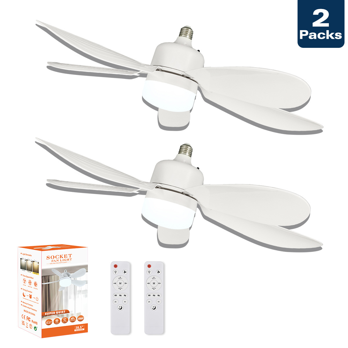 Lámpara de Techo con Ventilador E27 de ABS con Control Remoto y Luz Tricolor para Sala de Estar y Dormitorio