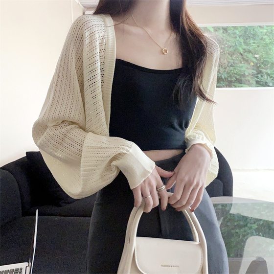 2025 Summer Thin Loose Knitted Cardigan Air Conditioning Sunscreen Blouse Waistcoat Lantern Sleeve Short Top Small Coat
