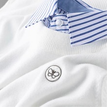 秋季薄款条纹衬衫领拼接假两件白色毛衣男修身商务休闲针织衫男士