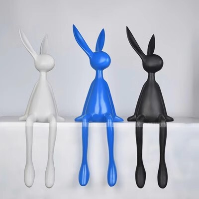 Minimalist modern black and white long ear rabbit figurine, cute rabbit sitting posture sculpture, living room TV cabinet home decoration item