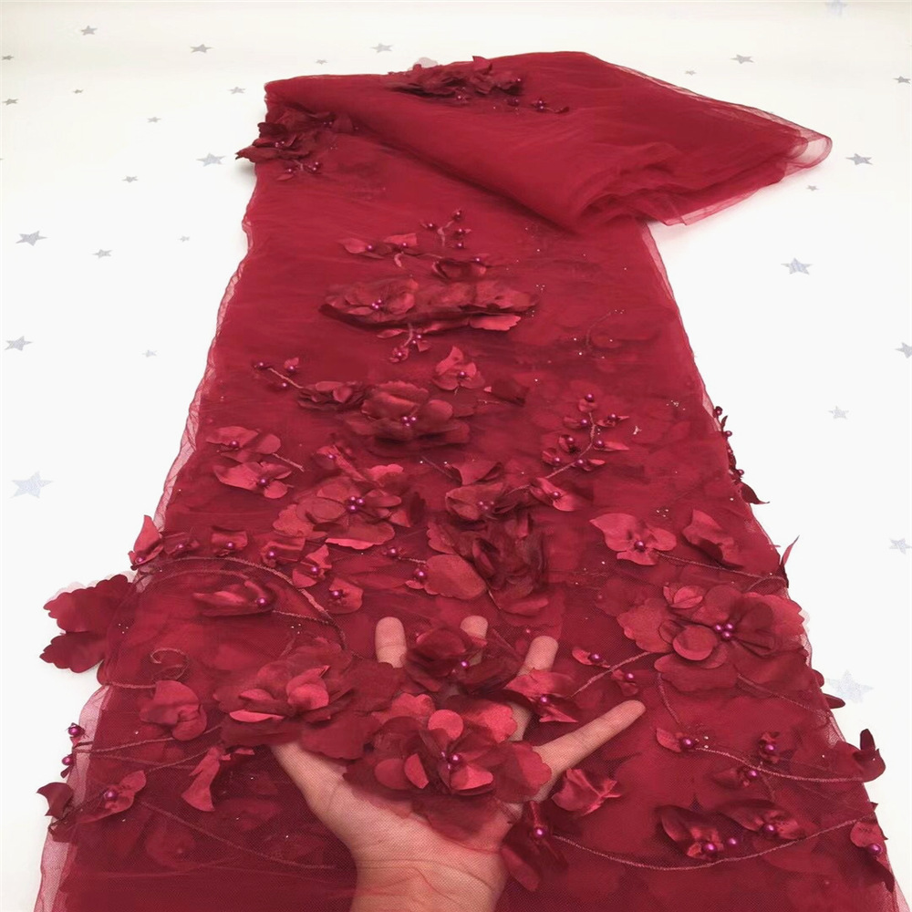 3D bordado tela de malla hecha a mano con cuentas tridimensional bordado tela primavera y verano ropa vestido de tela en stock venta al por mayor
