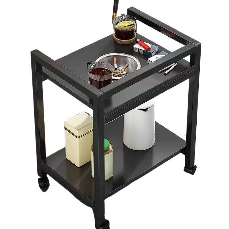 棋牌室茶水架双层铁艺加粗家用省空间沙发小边几胡桃色麻将机茶几