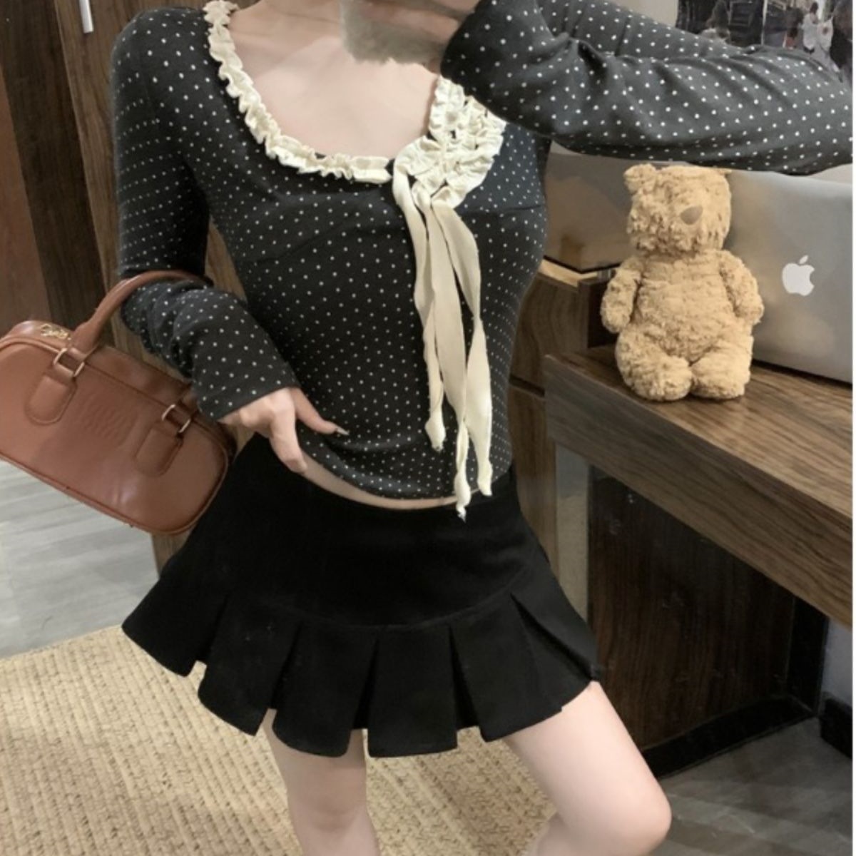 花边拼接波点长袖T恤女秋季2025新款修身显瘦短款设计感上衣