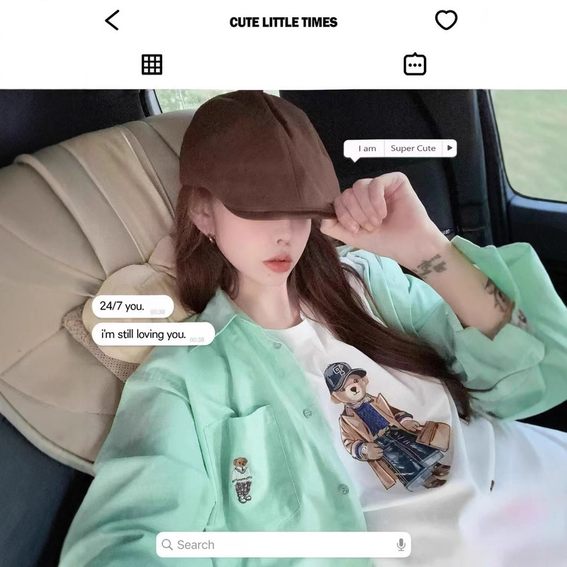 25 New Polo Bear T-shirt + RL Printed Pattern T-shirt Men's and Women's Couples Shirt Beret Bear Long Sleeve Shirt