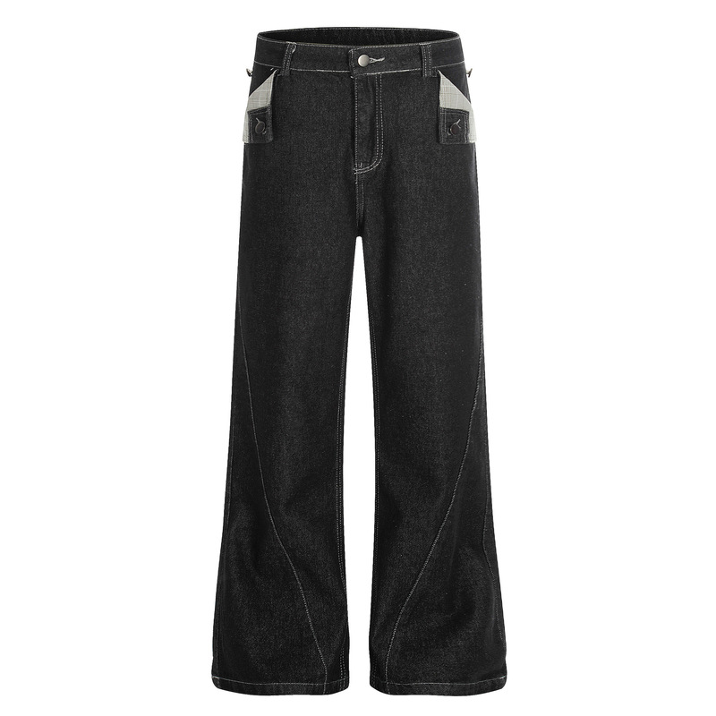 High Street Trendy Brand Design Washed Wide-Leg Jeans Autumn Loose Trendy Versatile Personality Pocket Straight-Leg Pants