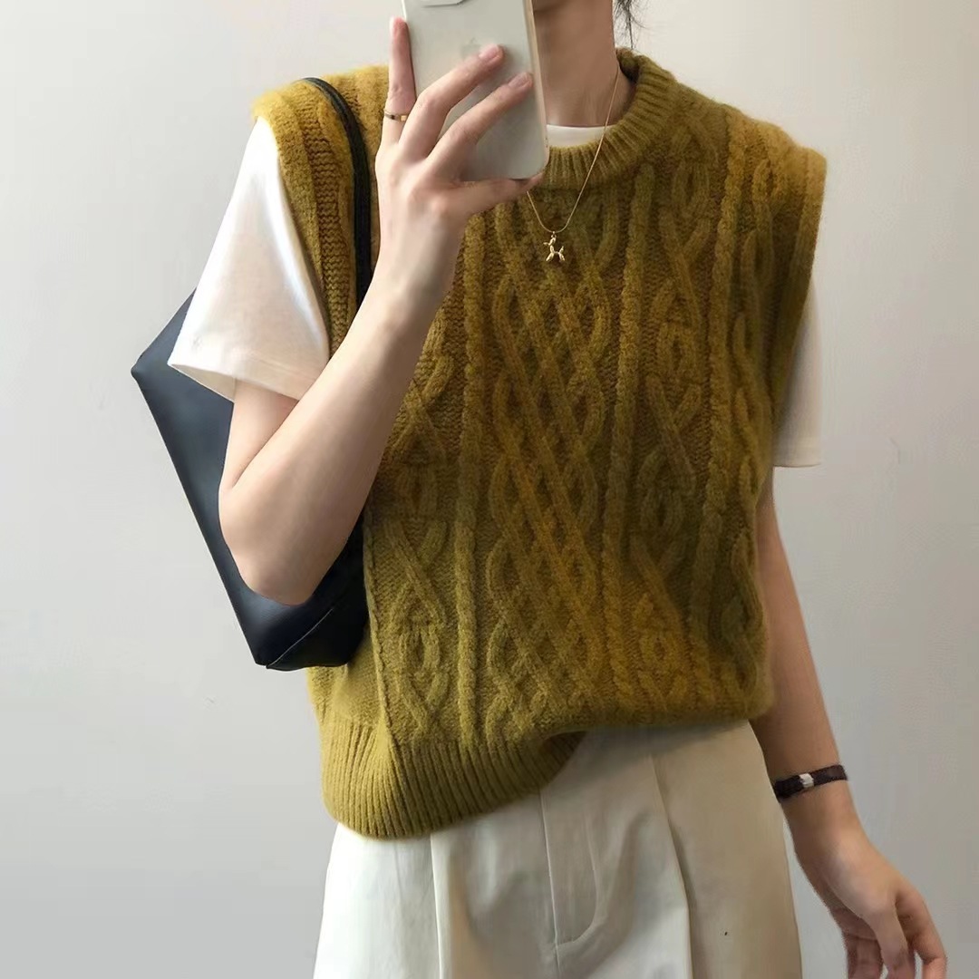 Estilo coreano grueso flojo apilado Chaleco de punto exterior cuello redondo chaleco vintage giro suéter sin mangas para las mujeres Otoño e Invierno