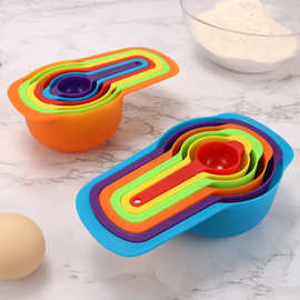 烘焙工具五彩量勺奶粉彩色塑料双刻度量杯量勺6件套现货厂家直供