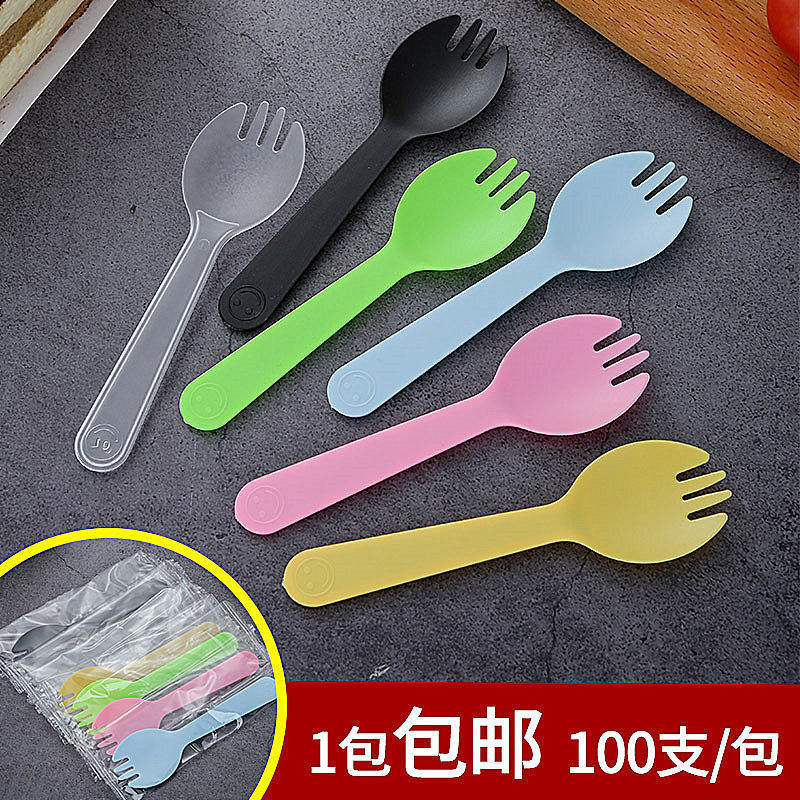 wholesale disposable Spoon Fork Plastic Alone packing Ice cream scoop Fruit fork Cake Dessert Pudding Fork spoon