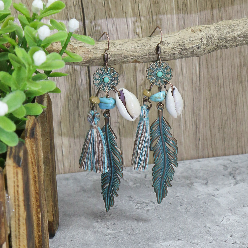 December Birthstone Turquoise Inlay Material 1 Pair Hip-Hop Retro Leaf Inlay Alloy Turquoise Drop Earrings