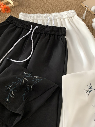New Chinese-style high-elastic ice silk pants men's summer thin loose cool western pants fashion brand national style embroidered casual pants