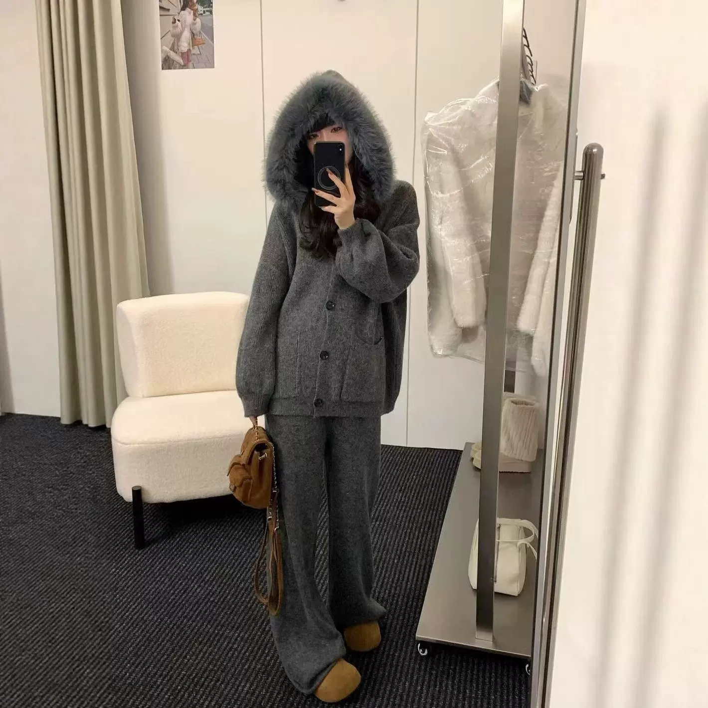 氛围感毛领套装女2025秋冬韩系慵懒风连帽针织外套+阔腿裤两件套