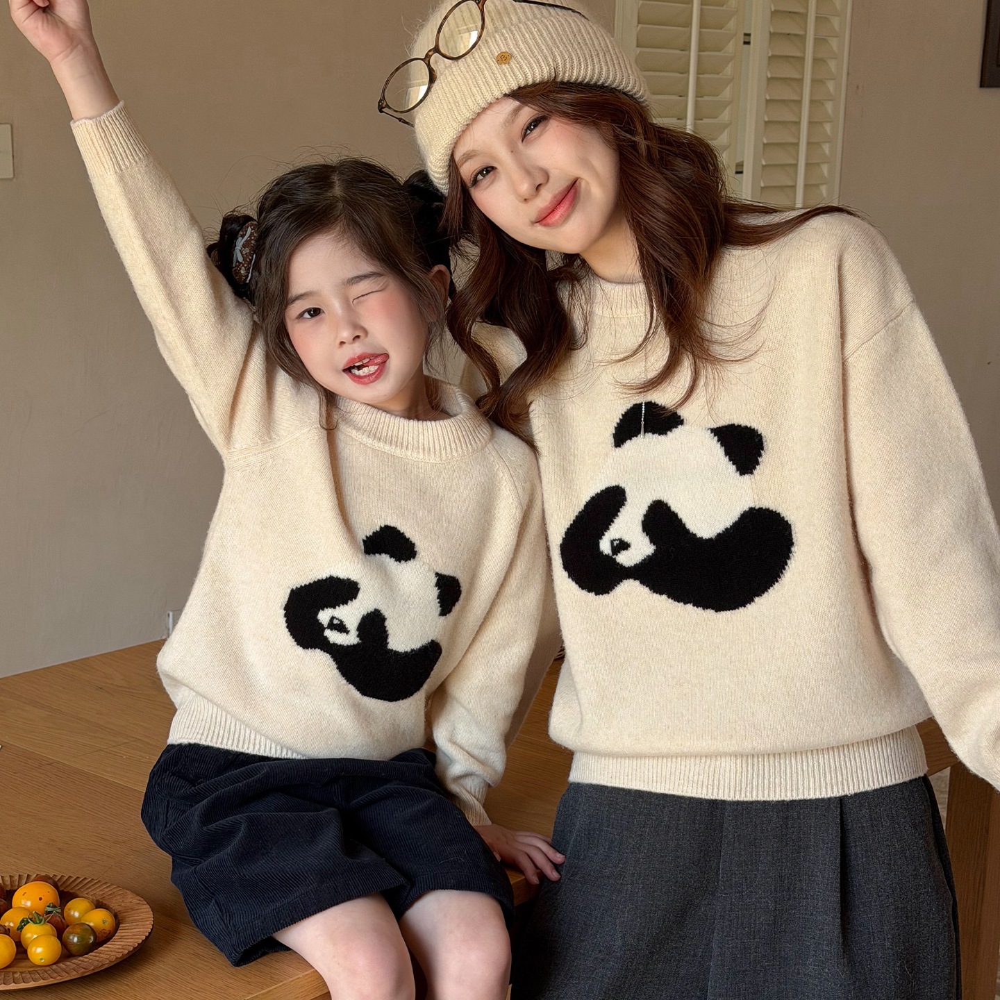 Children's wool sweater, autumn and winter, cute panda jacquard sweater for girls, boys' base knitwear, parent-child thickened top