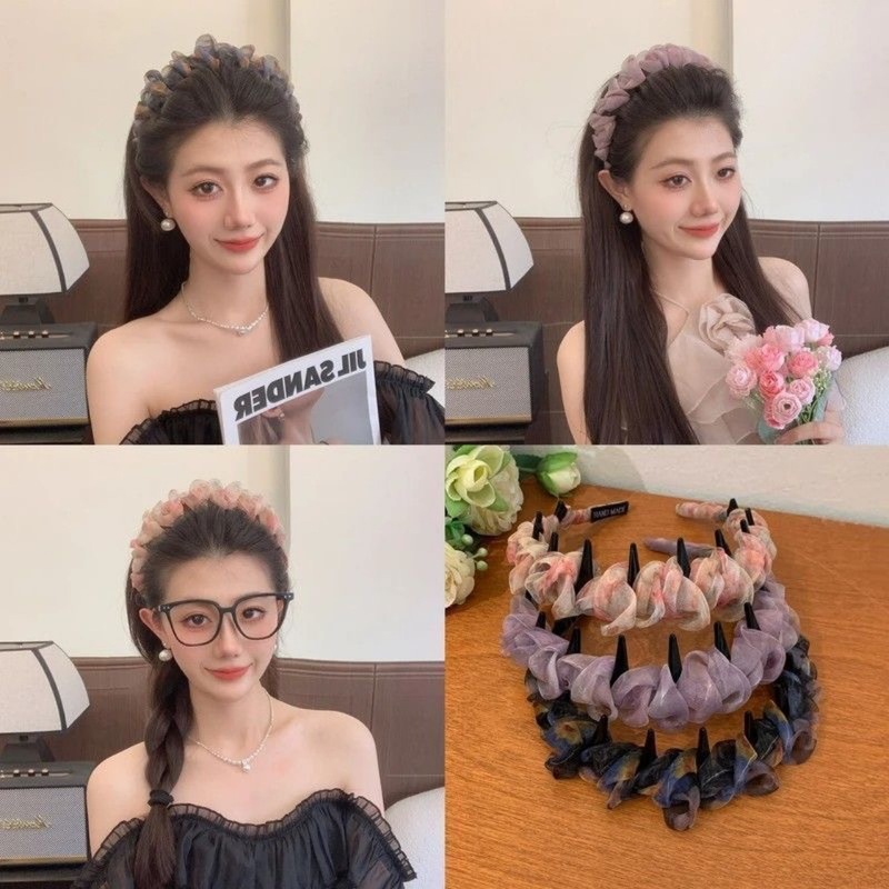 【カラフルなグラデーション】プリーツメッシュウェーブヘアバンド 女性用 夏用 歯付き滑り止め 高頭囲ヘッドバンド 花びらグラデーション|undefined